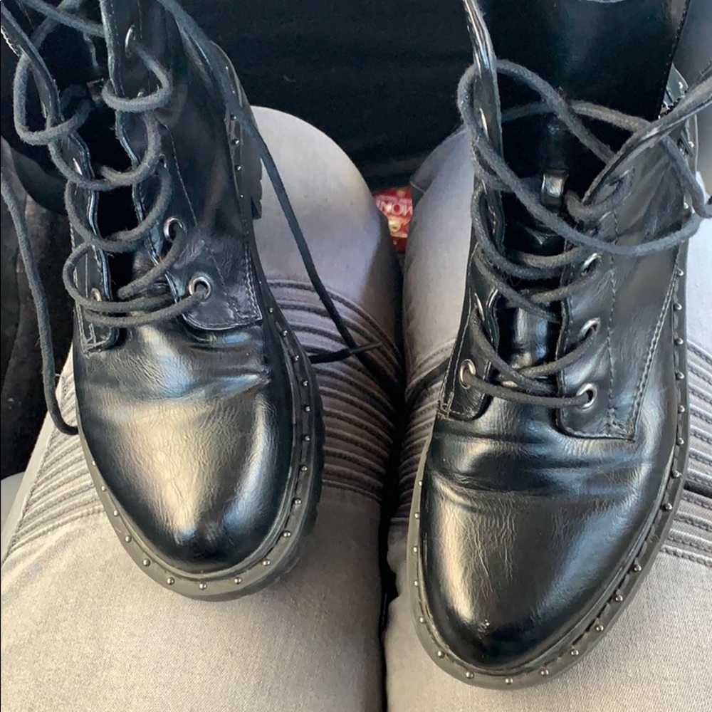 Pre-worn Faux Leather Studded Combat Heeled Boots